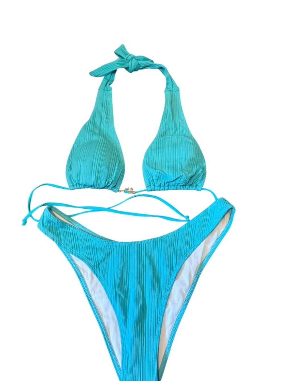 Turquoise Ribbed Halter Bikini Set-SHEIN